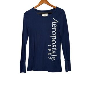 Vintage Y2K Aeropostale Size Large Navy Blue Thermal Waffle Knit Long Sleeve